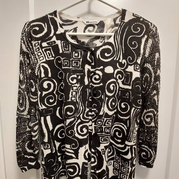 NYGARD COLLECTION Women's Geometric Print Cardigan w/Beading - Black/White  SML - Picture 4 of 12